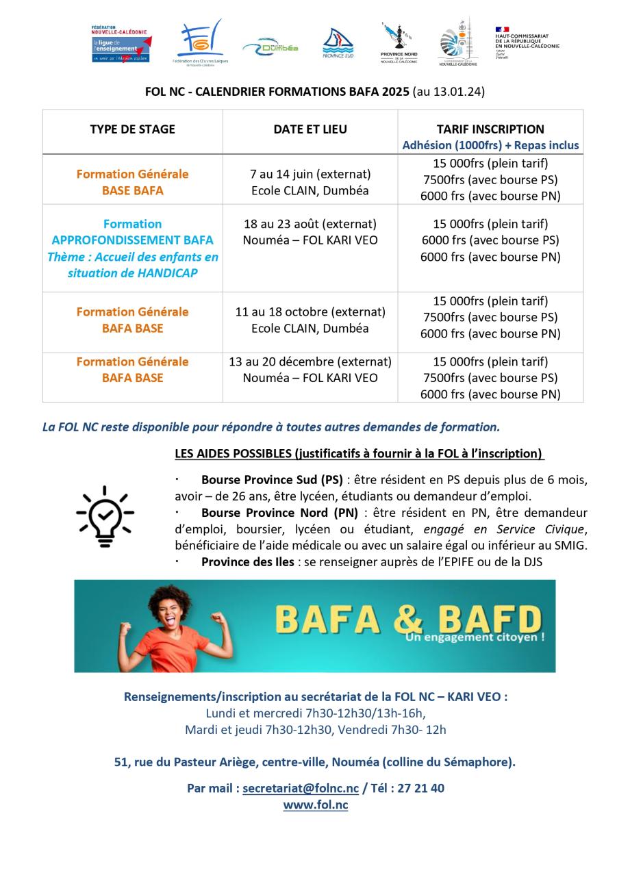 Le calendrier BAFA 2025 de la FOL